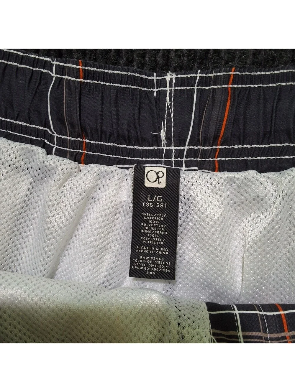 OP Men's Lined Swim Trunks Plaid Pattern Black and Orange Size L